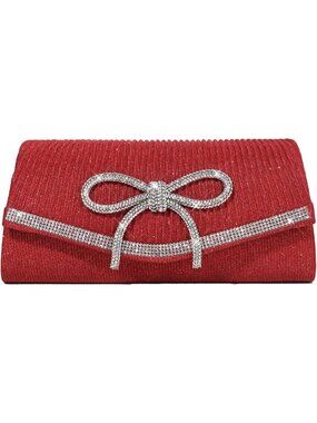 Women's Red Sparkly Bow Rhinestone Clutch Purse Glitter Evening Bag